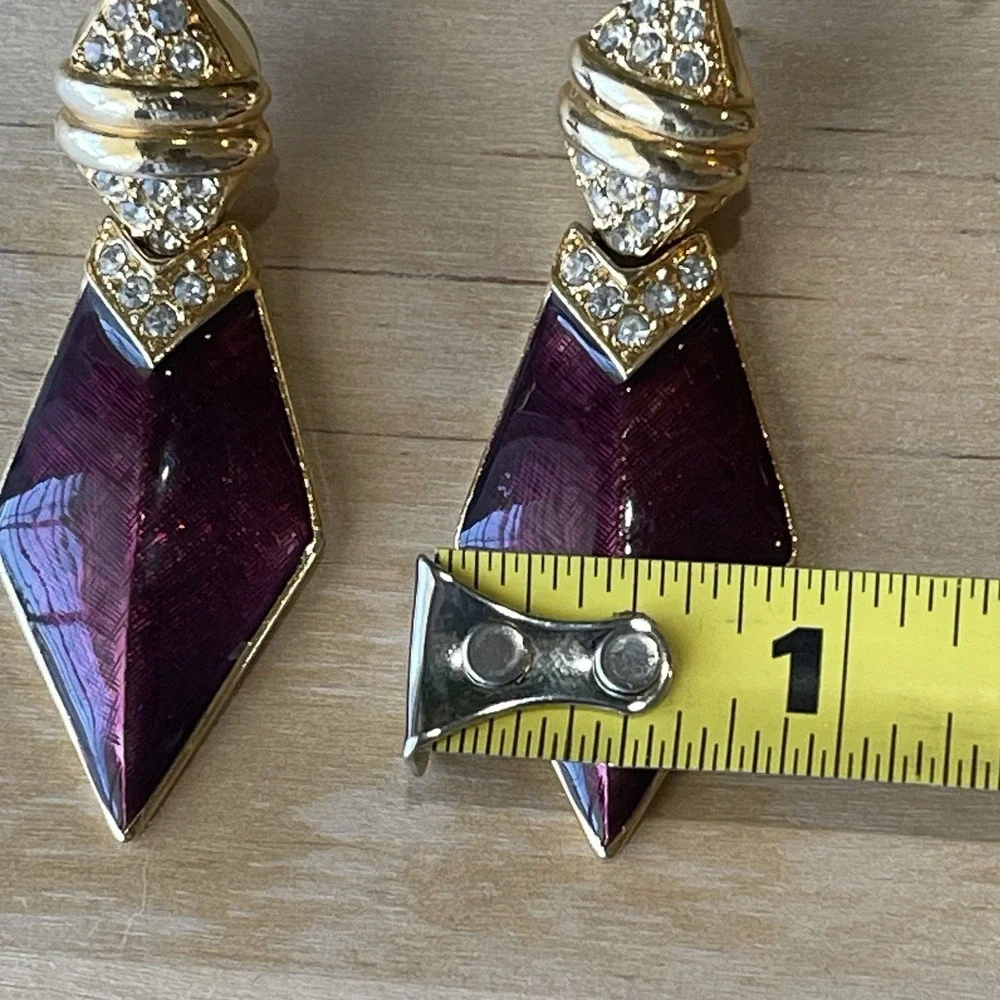 Vintage 80-90s Purple Enamel Geometric Kite Dangle Earrings Gold Tone Rhinestone